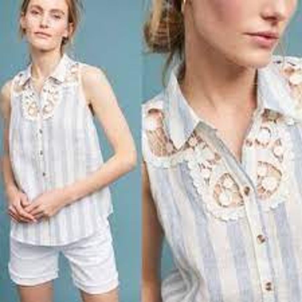 Maeve by Anthropologie Tops WMNS XL White Blue Striped Lace Trim Linen Blouse - Picture 2 of 8